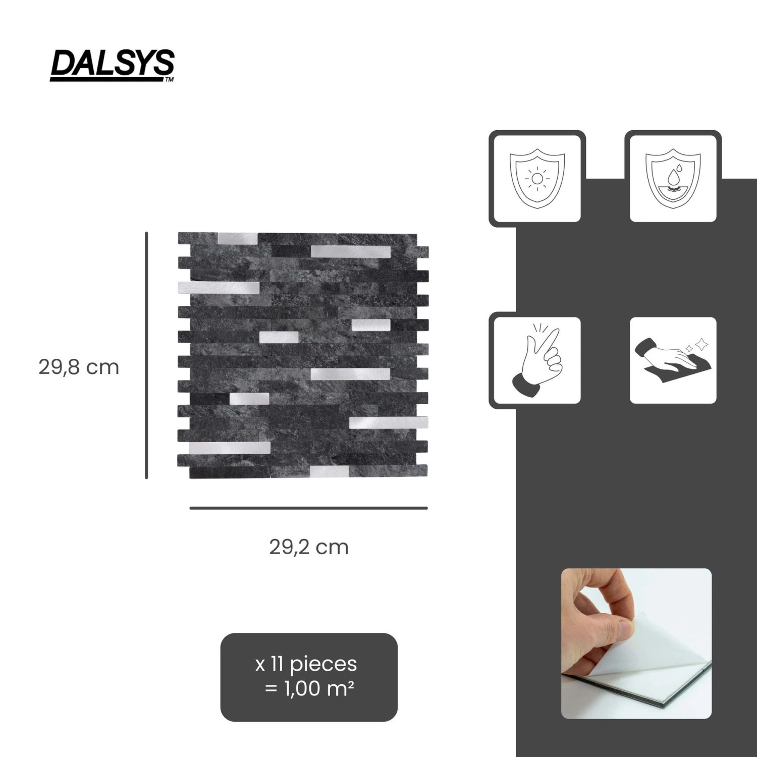 Dalsys Selbstklebende Fliesen 1m² 11 Stück Stein- Marmoroptik Anthrazit Silber_2