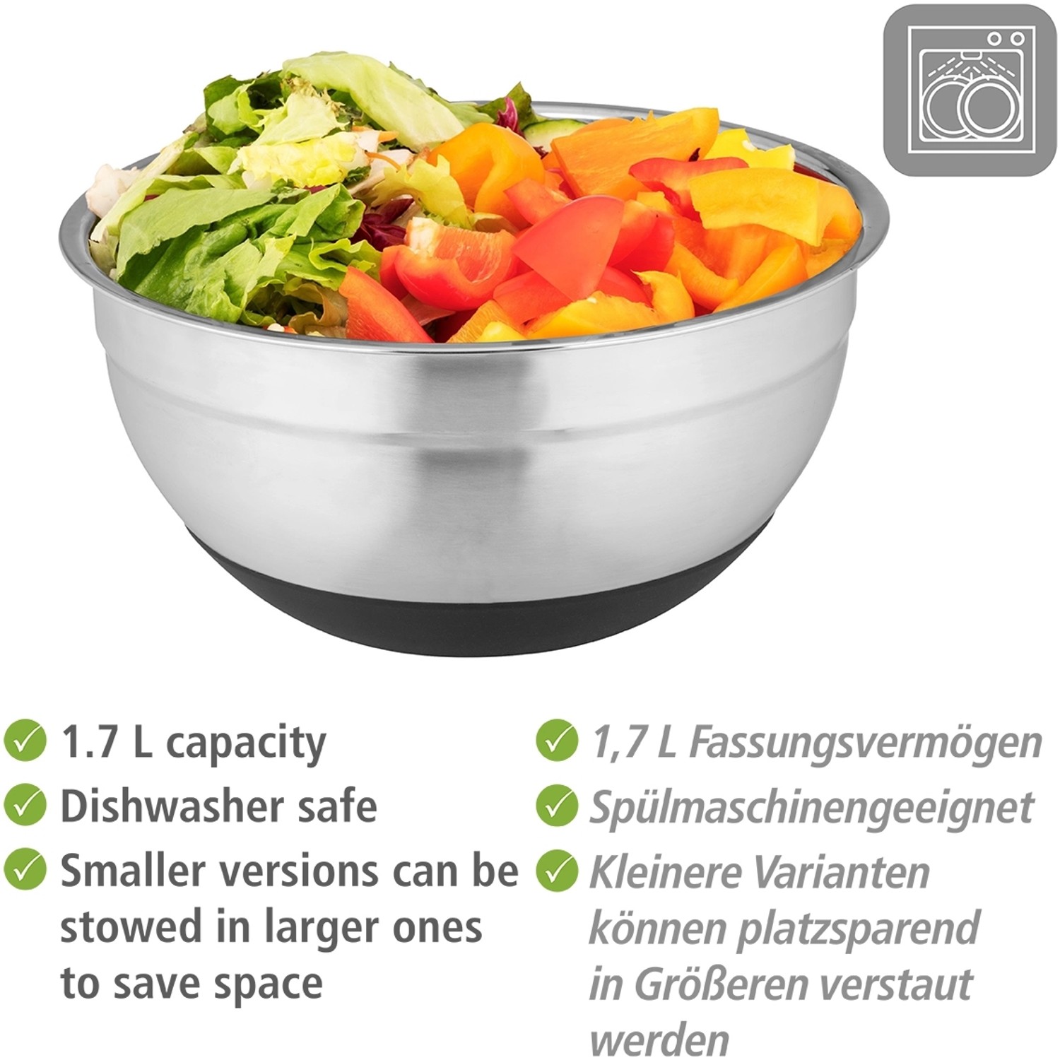 Wenko Schüssel Aru 1,7 l mit Salat. Edelstahl-Servierschüssel mit Anti-Rutsch Boden für Grillutensilien.