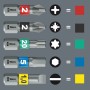 Wera Bit-Set: Verschiedene Schraubendreher-Bits (Kreuzschlitz, Torx, Schlitz, Innensechskant) mit Farbcodierung.