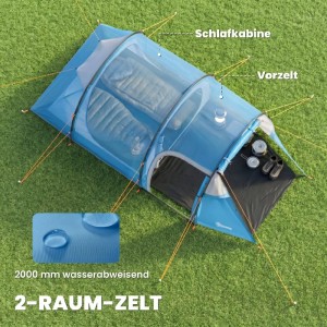 Hellblaues 2-Raum Campingzelt für 2-3 Personen auf Gras, mit Schlafkabine und Vorzelt für Ausrüstung. Wasserabweisend.