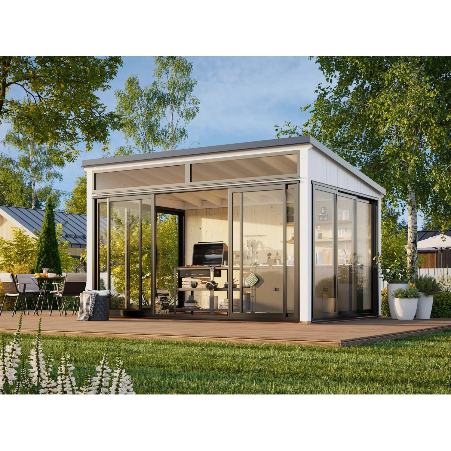 Palmako Holz-Gartenhaus Saga Slide Plus Pultdach Lackiert 420 cm x 297 cm
