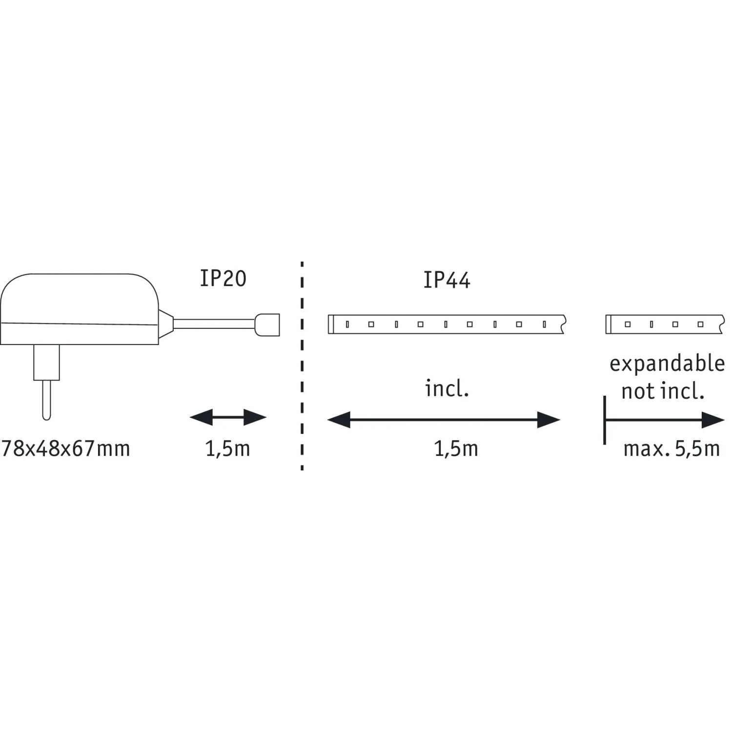 MaxLED 250 LED-Streifen Basis-Set, 1,5m, Warmweiß, IP44, mit Netzteil, Maßangaben.