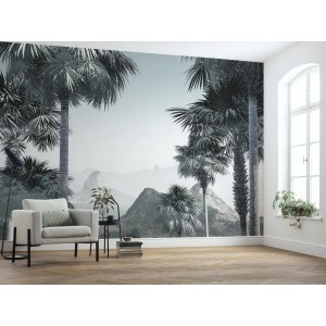 Sanders & Sanders Fototapete Tropisches Paradies in Graugrün, Palmen und Berge im Hintergrund.