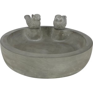 Hellgraue Vogeltränke mit zwei Vogel-Figuren aus Beton, Ø 28 cm, für den Garten.