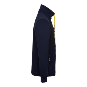 Seitliche Ansicht der Uncle Sam Sweatjacke in Marineblau mit schwarzem Einsatz, gelben Reißverschlüssen und hohem Kragen.