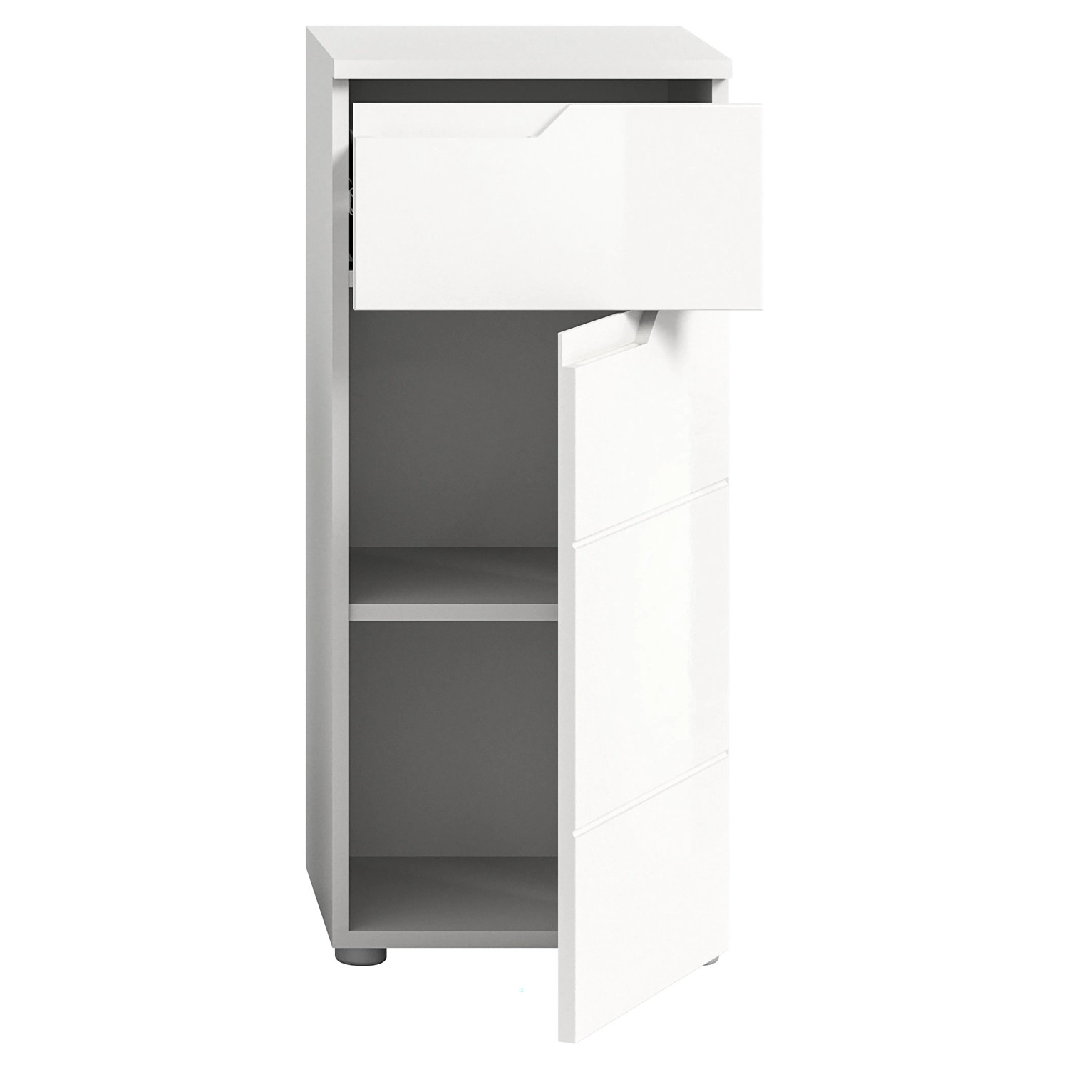 Weißer Bad-Standschrank Solero (87x38x34cm) mit Schublade und Tür offen.