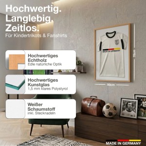 Brauner Echtholz Trikotrahmen 50x70 cm mit Trikot für Kindertrikots und Fan Shirts.