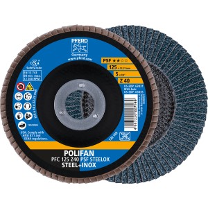 Pferd Fächerscheibe Polifan PSF Steelox, 125mm, für Schleifmaschinen. Zirkonkorund Schleifmittel, Korngröße 40.