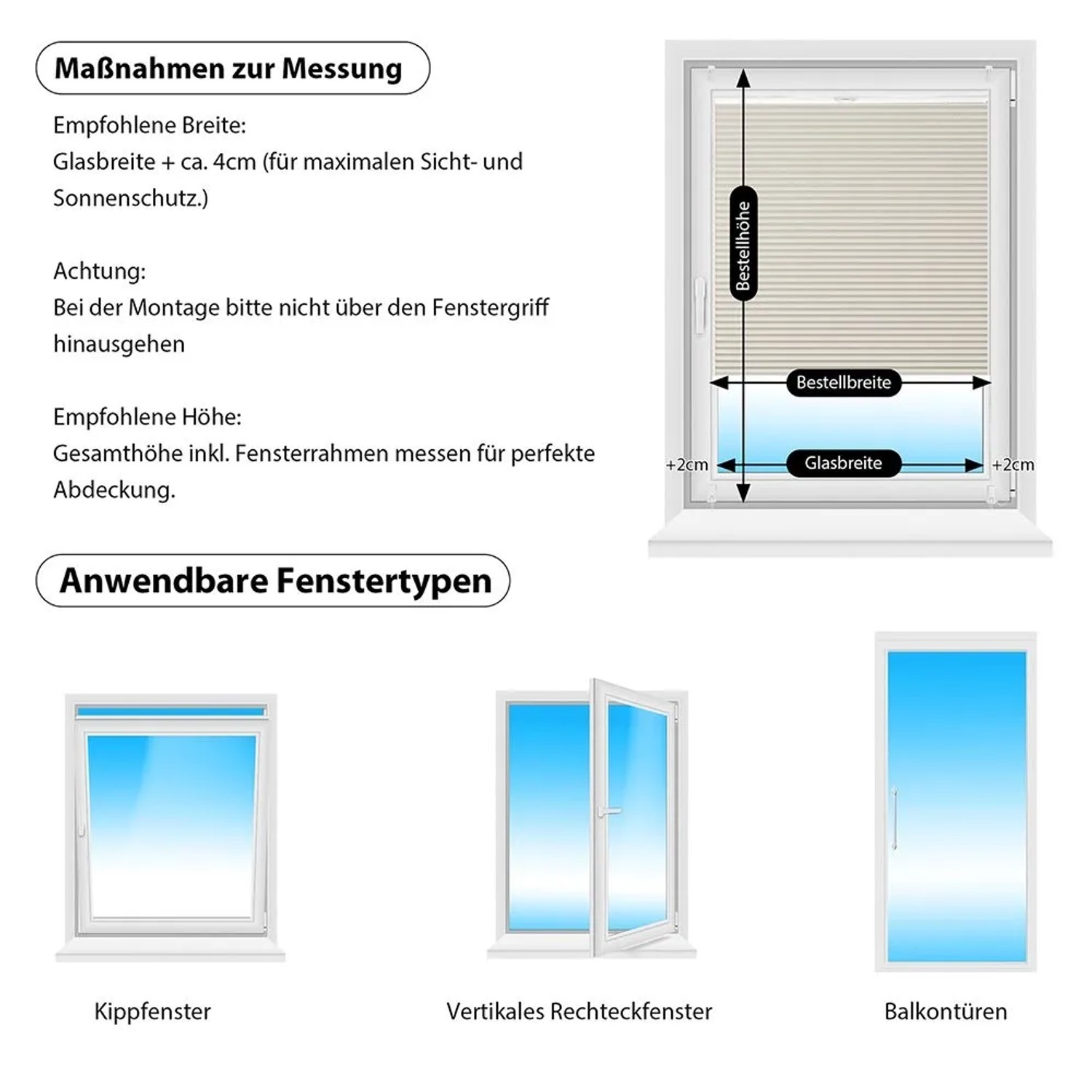 Grafik zur Messung und Montage des beigen Sekey Plissee Faltrollos am Fenster.