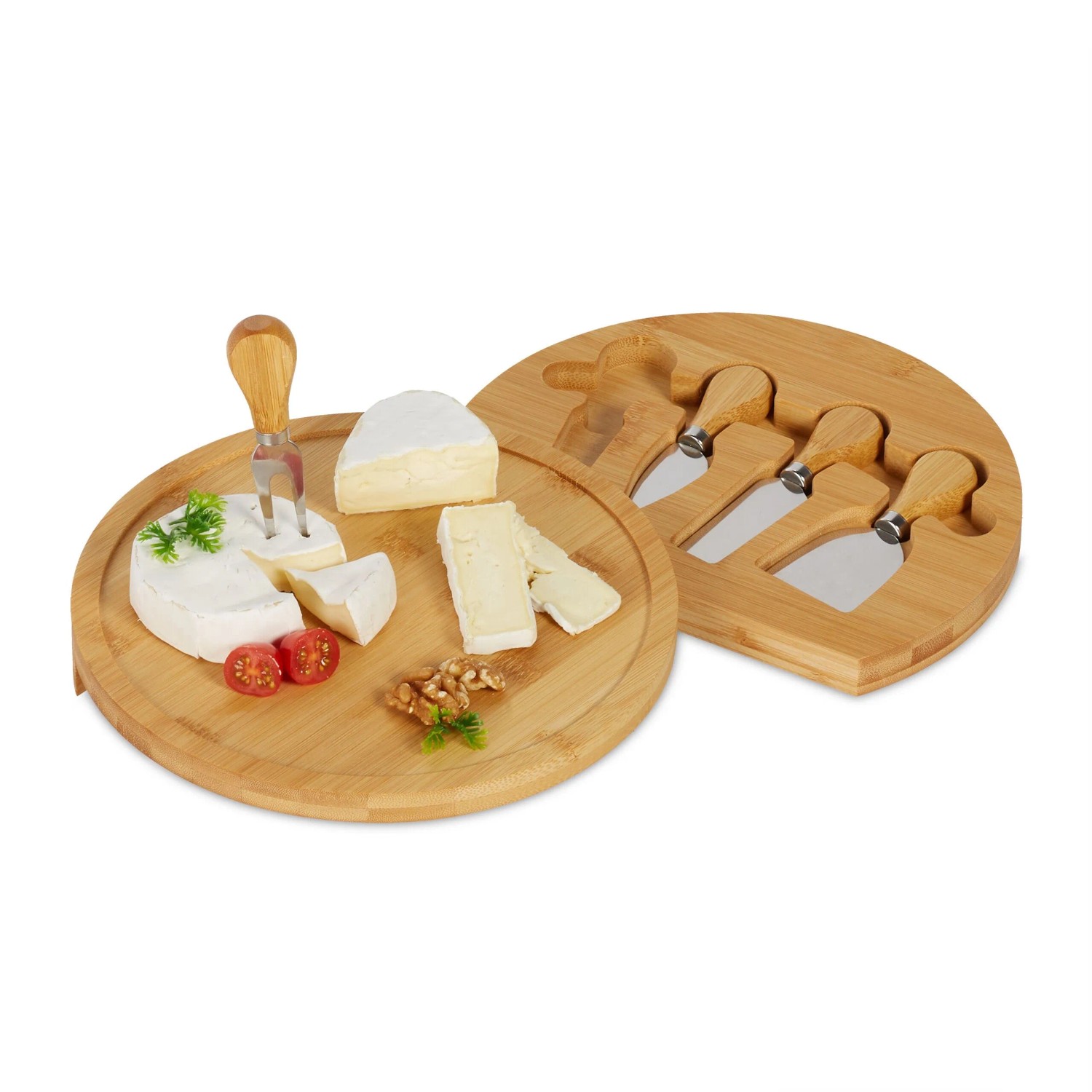Relaxdays Käsebrett Bambus Natur Drehbar 4-teiliges Besteckset 4 cm x 25 cm 1,1 kg