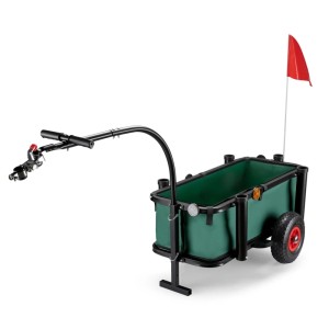 Grüner Wiltec Angelwagen mit schwarzem Stahlrahmen, pneumatischen Rädern, Rutenhalter, roter Fahne. Robuste Transportkarre.