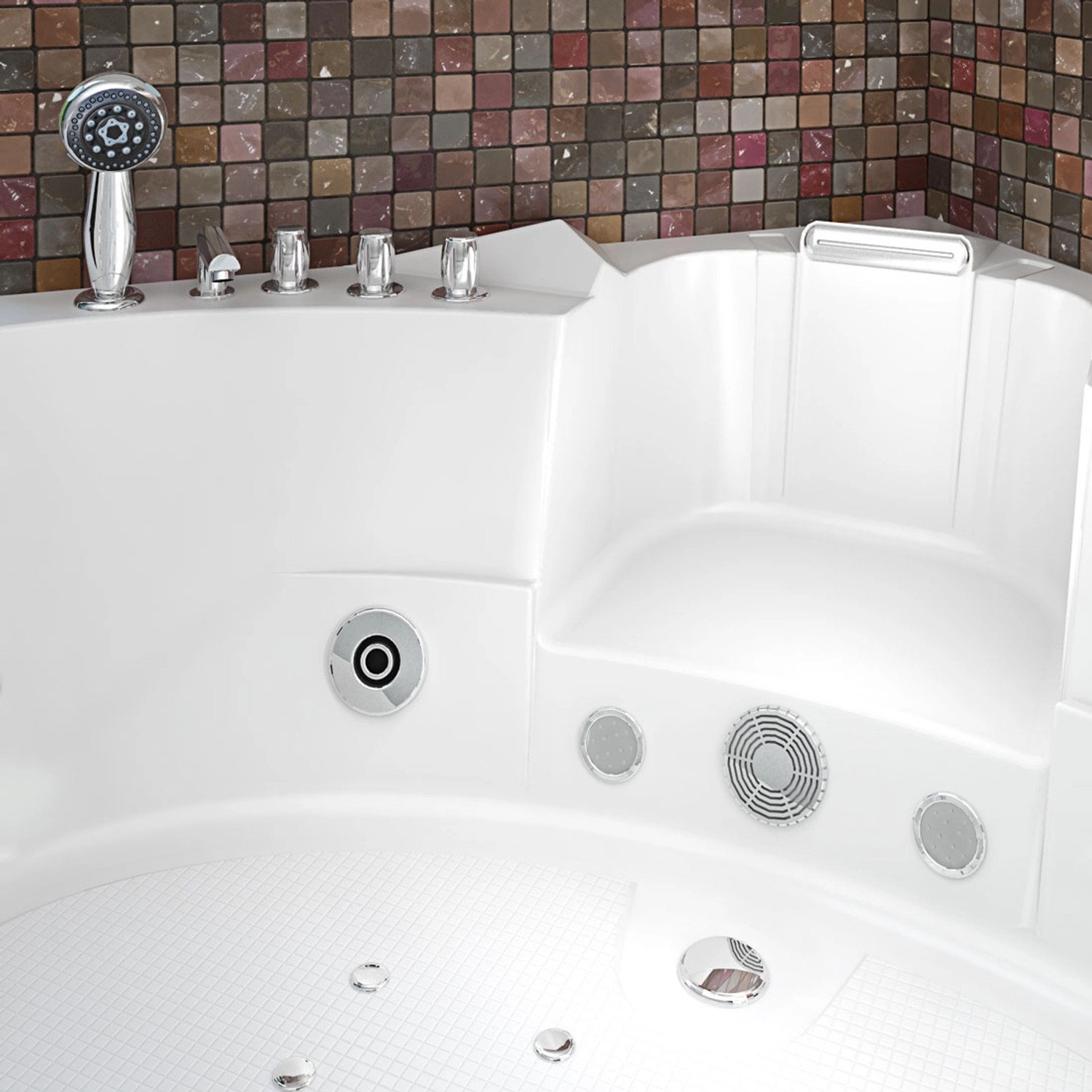Detailansicht der AquaVapore Whirlpool Badewanne W06H-SC 152x152cm mit Armaturen und Düsen.
