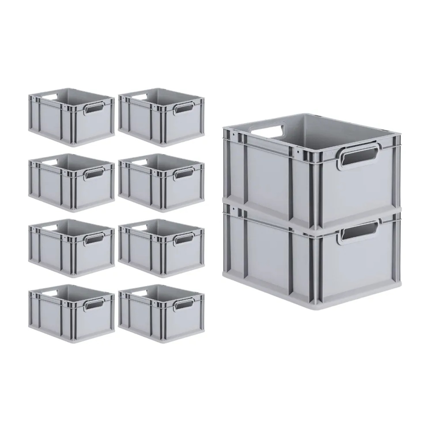 PROREGAL SparSet: 10 graue Euroboxen NextGen Grip, 20 Liter, mit Griffen, 22x30x40 cm.