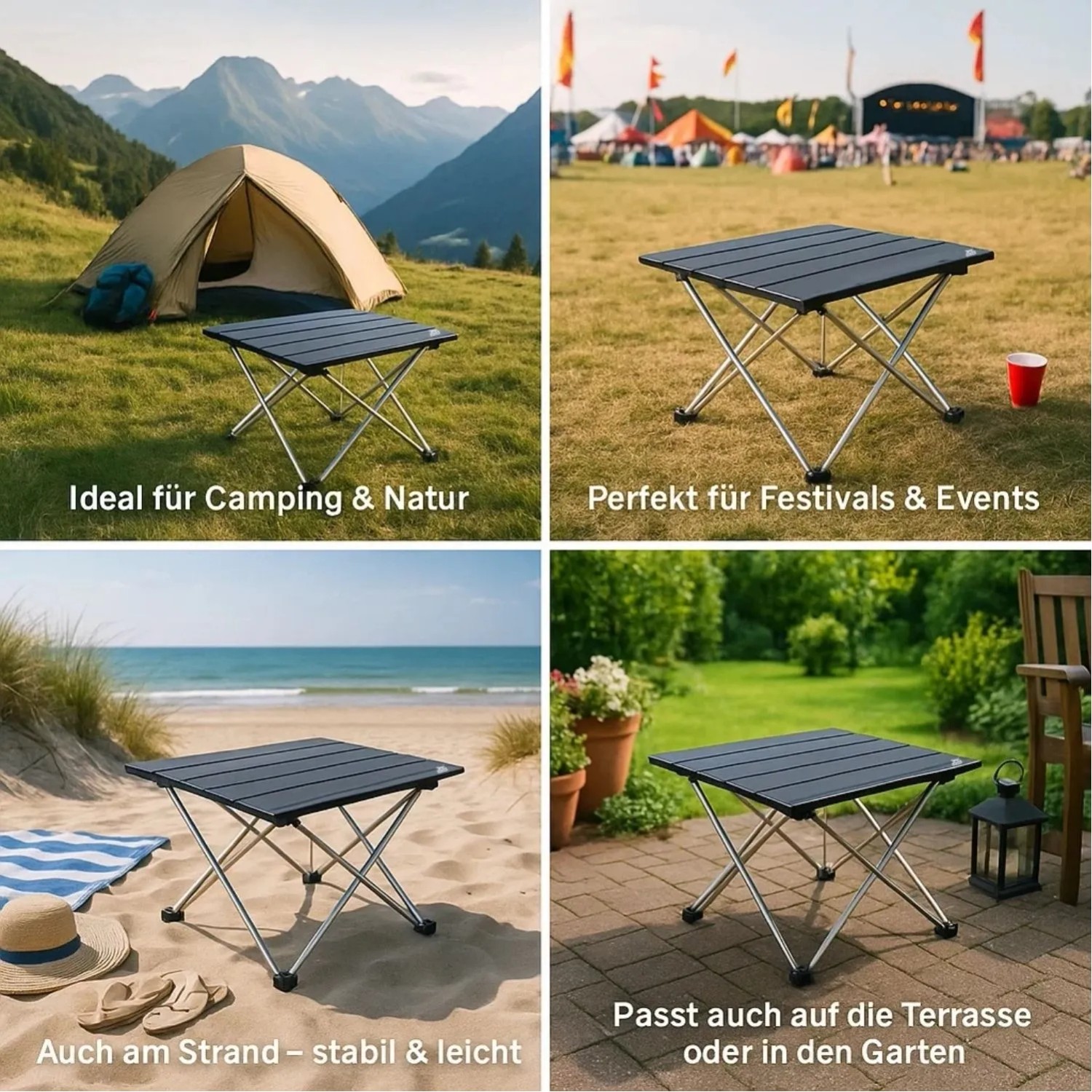 Vielseitiger, kleiner faltbarer Campingtisch mit schwarzer Platte. Ideal für Camping, Festival, Strand und Garten.