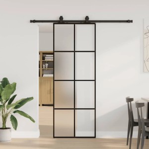 Schwarze vidaXL Schiebetür mit ESG-Glas, 76x205 cm, vor weißer Wand.