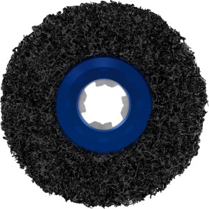 Schwarze Bosch X-Lock Reinigungsscheibe für Metall und Mauerwerk, mit blauem Zentrum und faseriger Oberfläche.