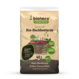 Sack Bionero Bio-Hochbeeterde 40L, torffreie Erde mit Pflanzenkohle für Hochbeete.