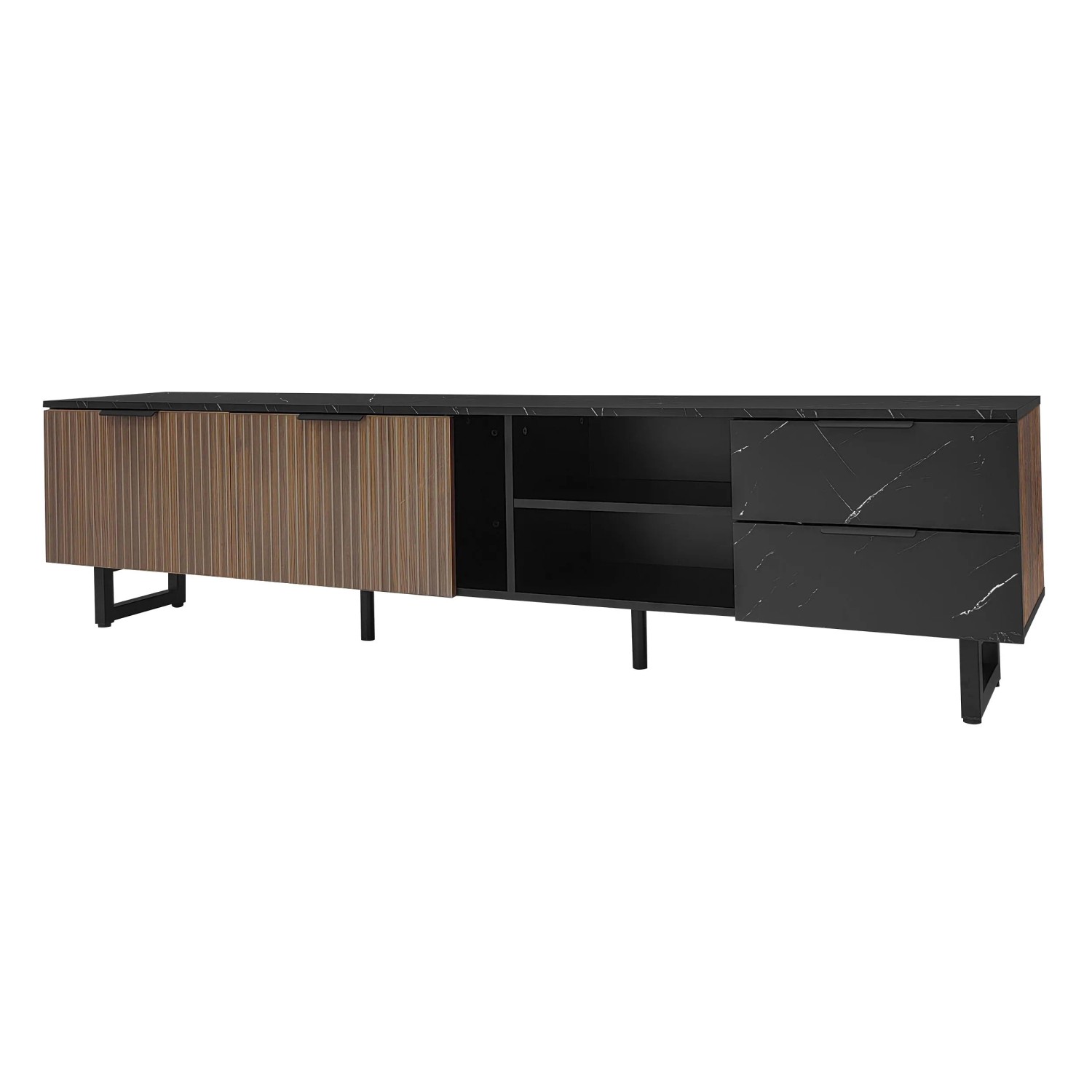 okwish TV Schrank mit LED Beleuchtung und Türen und Schubladen für Wohnzimmer 200x38x50cm Schwarz