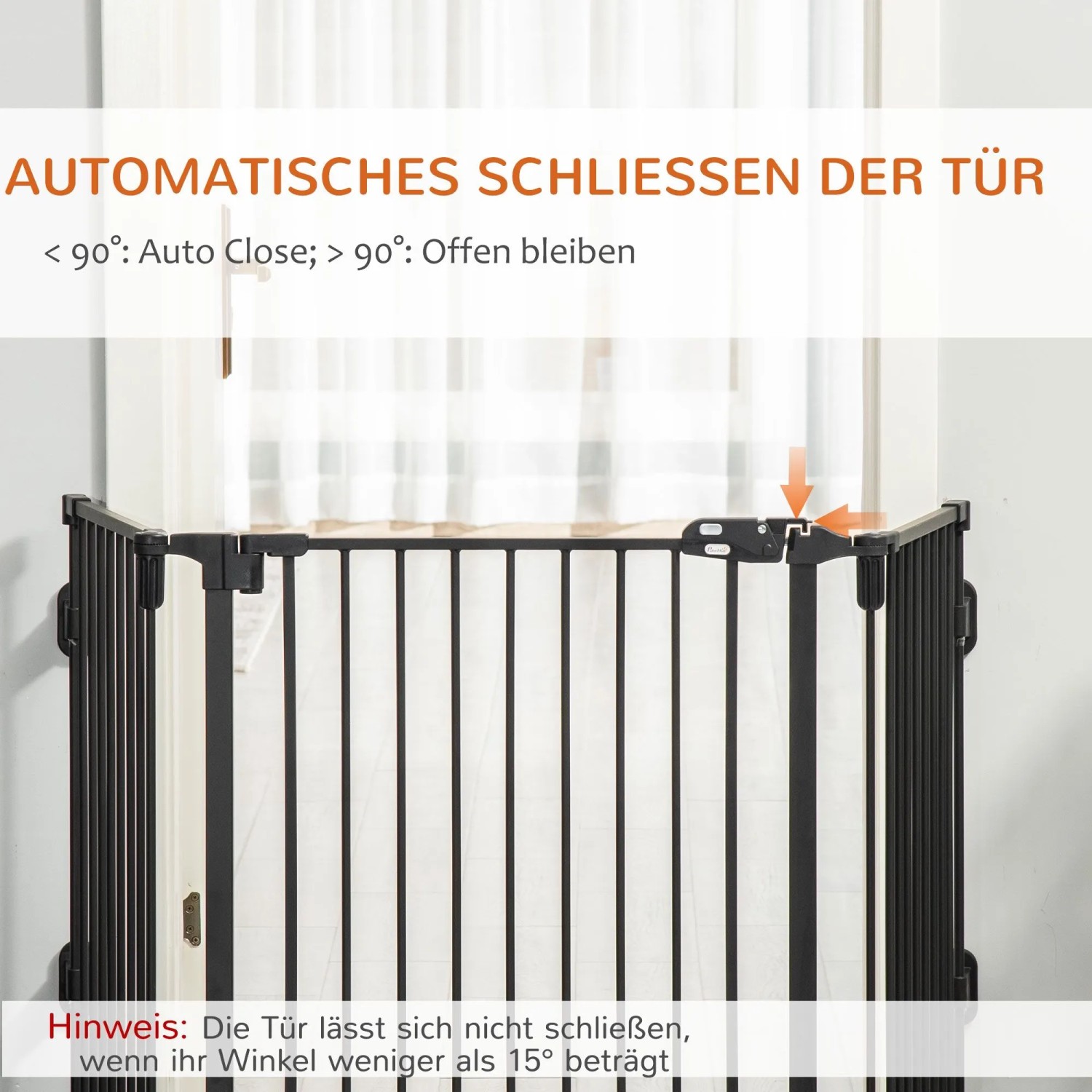 PawHut Hunde Absperrgitter, schwarz, Detail der automatischen Türschließfunktion.