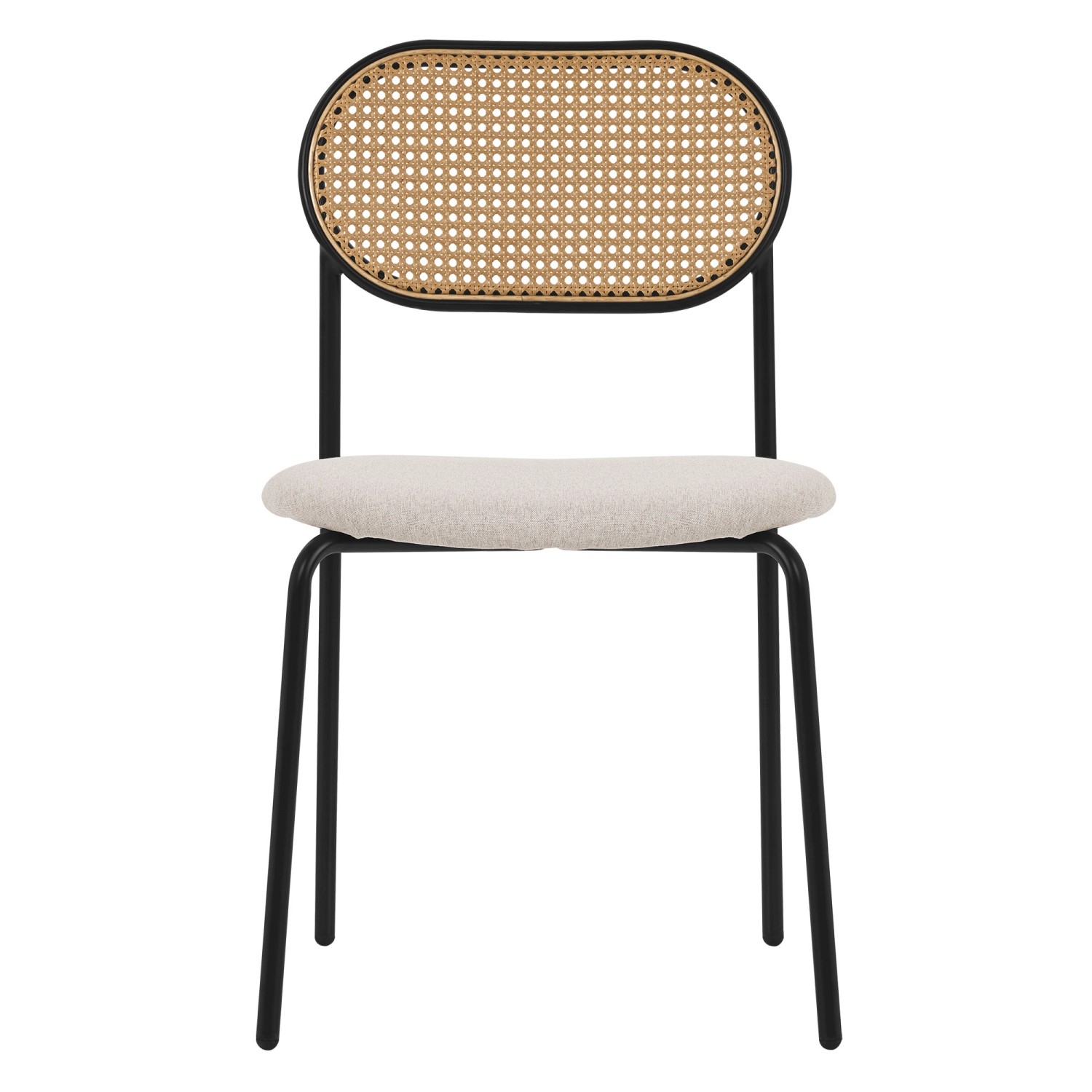 Esszimmerstuhl 2er Set, beige, Rattan-Lehne, gepolsterte Sitzfläche, Stahlgestell.