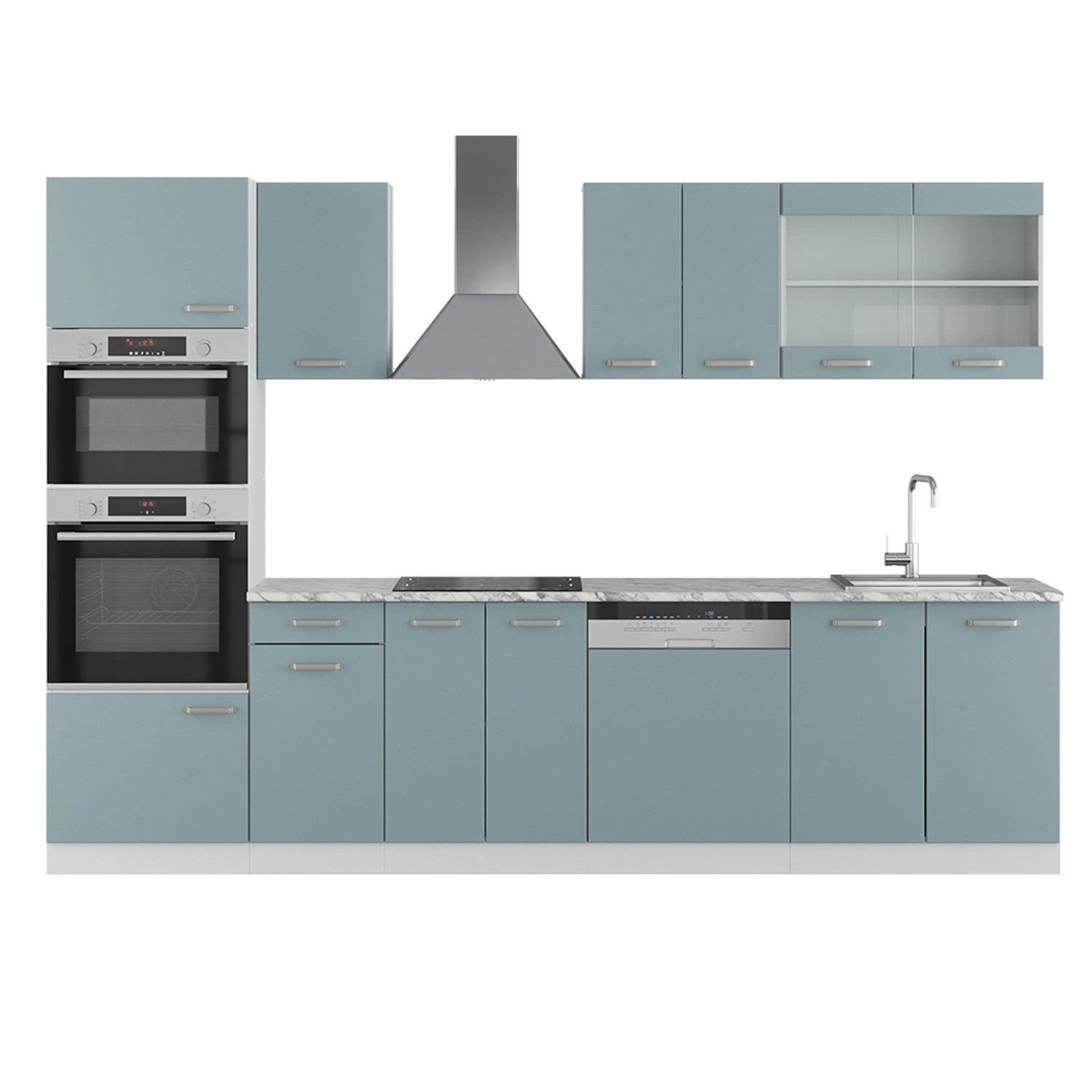 Vicco R-Line Küchenzeile Blau-Grau 300 cm mit Hochschrankohne Arbeitsplatte günstig online kaufen