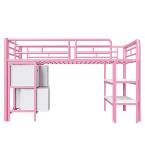 Rosa Metall Hochbett 90x200cm mit integrierter Treppe und Stauraum für Kinderzimmer.
