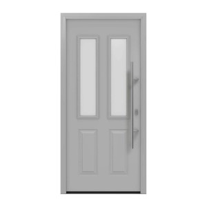 EcoStar Haustür Isopro IP 410S, weißaluminium, mit zwei satinierten Glaseinsätzen und Edelstahlgriff.