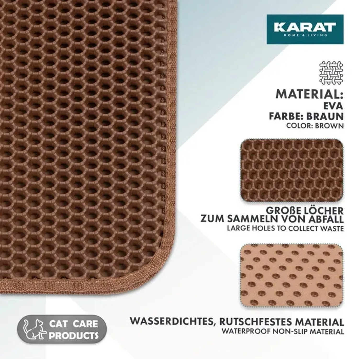 Braune KARAT Katzenstreumatte Charly mit Wabendesign, abwaschbar, 76x61 cm.