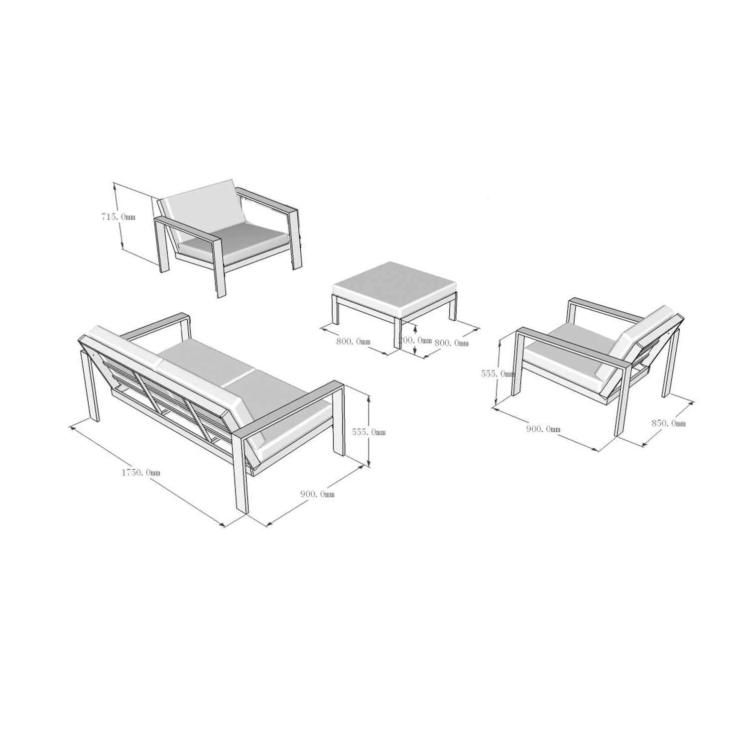 Skizze des Home Deluxe Lounge-Sets Rio L: Sofa, 2 Sessel, Hocker mit Maßen.