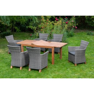 Merxx Toskana Gartenmöbel-Set, 7-teilig: Ausziehtisch und 6 Sessel mit Auflagen im Garten.