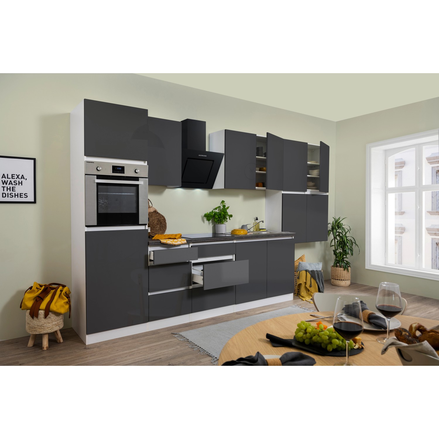 Respekta Küchenzeile/Küchenblock GLRP370HWG Grifflos 370 cm Grau Hochglanz-Weiß
