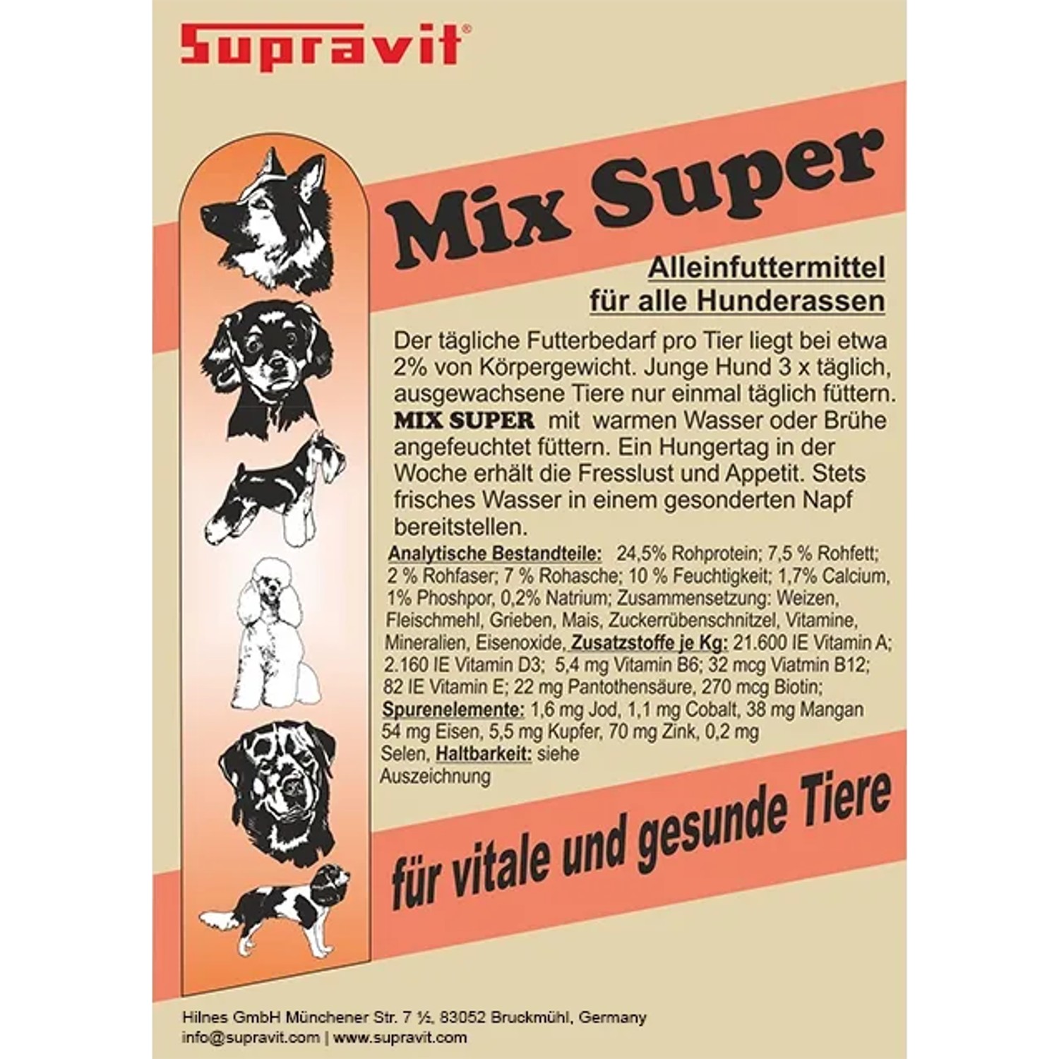 Supravit Mix Super Trockenfutter Verpackung mit verschiedenen Hunderassen. Ausgewogene Mischung für Hunde.