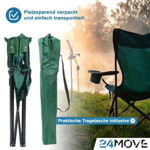 24Move Campingstuhl, Faltstuhl in Grün mit Getränkehalter und Tragetasche. Ideal für Outdoor & Angeln.