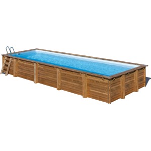 Rechteckiger Gre Echtholzpool Mint, braune Holzverkleidung, blaue Poolfolie und Leiter.