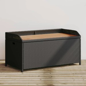 Schwarze vidaXL Gartenbank mit Stauraum aus Polyrattan und Akazienholz, 100x50x52 cm.