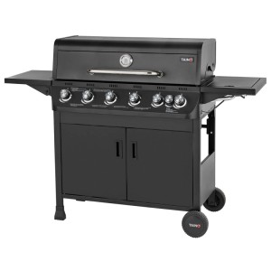 Schwarzer TAINO BRANDO 6+1 Gasgrill mit 6 Brennern, Seitenkocher und Grillwagen.