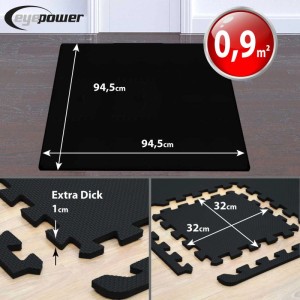 Schwarze eyepower Fitnessmatte, 9-teilig, 30x30 cm, aus EVA-Schaum. Robuste, 1cm dicke Bodenschutzmatte für Sport & Kindersicherheit.