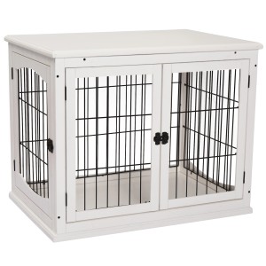 Weiße PawHut Hunde Transportbox mit 2 Türen aus Metall und Holz, 81x58,5x66 cm.