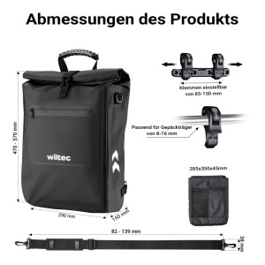 Schwarze Wiltec Gepäckträgertasche 25L mit Maßen und Befestigung für Fahrrad-Gepäckträger. Auch als Rucksack nutzbar, inkl. Laptopfach.