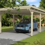 Skan Holz Einzelcarport Emsland: Holzcarport mit Flachdach und Auto im Garten.