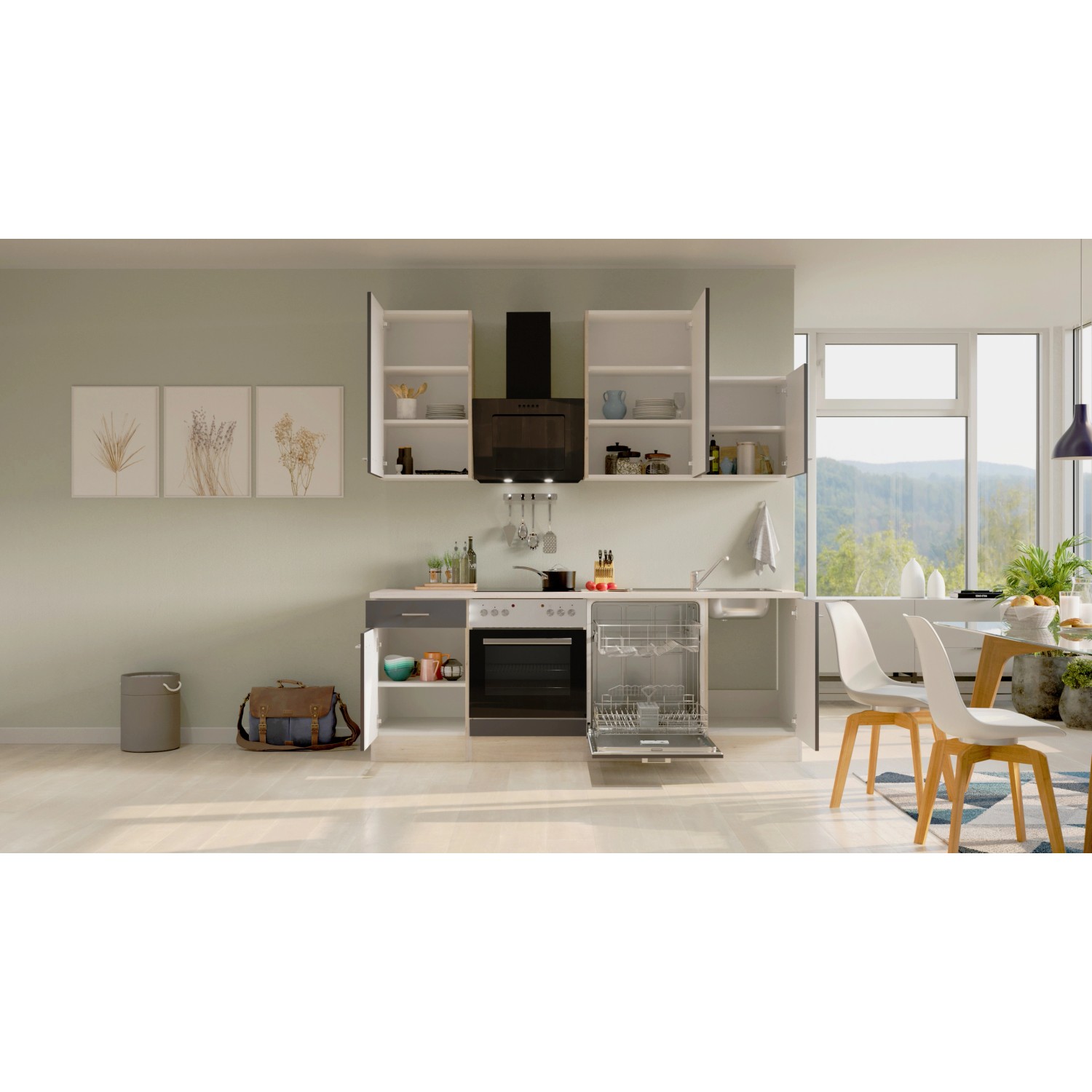 Flex-Well Exclusiv Küchenzeile/Küchenblock Morena 220 cm Basaltgrau matt - San Remo Eiche