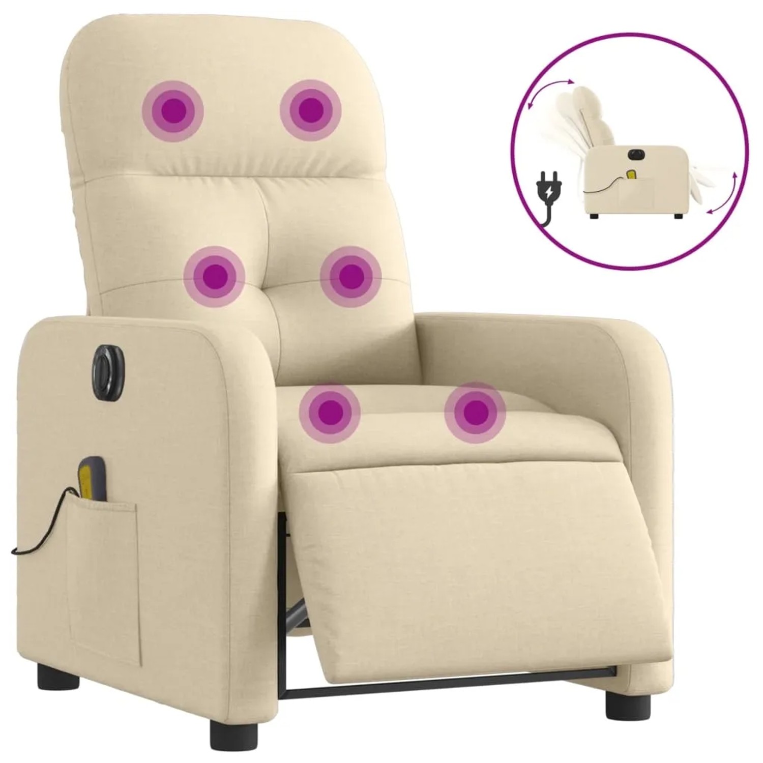 Elektrischer Massagesessel in Creme mit Vibrationsfunktion und Seitentasche.