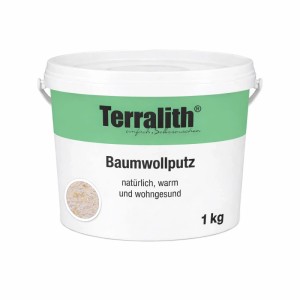 Weißer Terralith Baumwollputz Eimer, 1 kg, für Wände. Zeigt hellen, natürlichen Effektputz für innen.