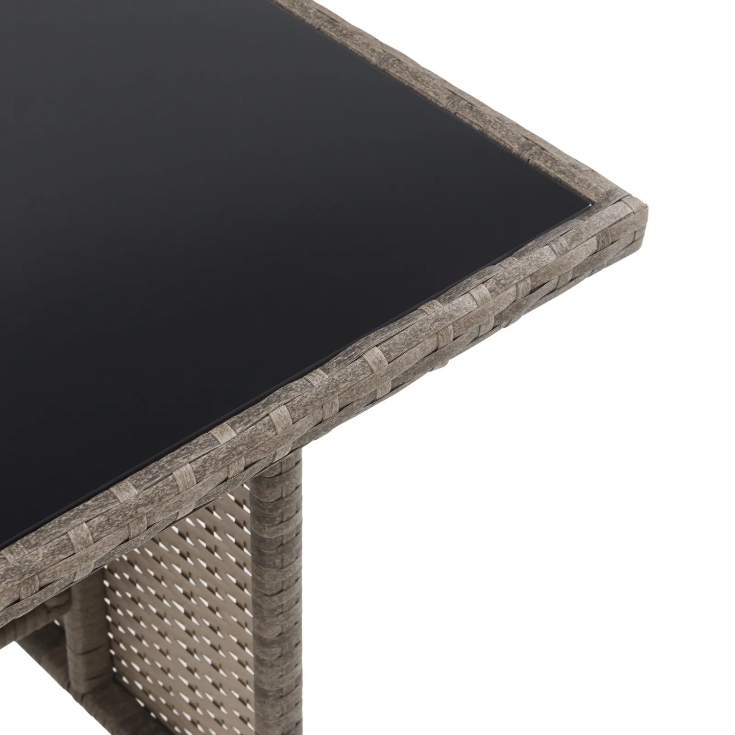 Detailansicht des braunen Svita Denver Esstischs mit schwarzer Glasplatte aus Polyrattan Gartenmöbel Set.