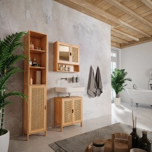 Vicco Badmöbel-Set Liora Bambus, 3-teilig: Waschtischunterschrank, Spiegelschrank, Hochschrank im Badezimmer.