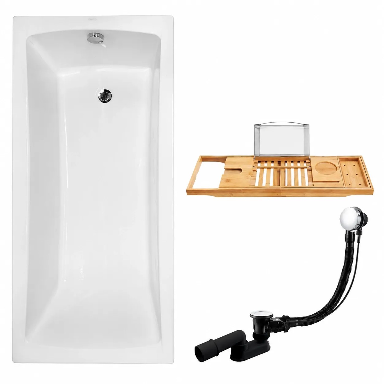 KOLMAN Badewanne Rechteck 160 x 70 Cm Mit Bambus Badewannenablage Inkl. Ablauf Und Füße