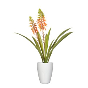 Orangefarbene Aloe Vera Kunstpflanze im weißen Topf, 43cm hoch. Dekorative Zimmerpflanze.