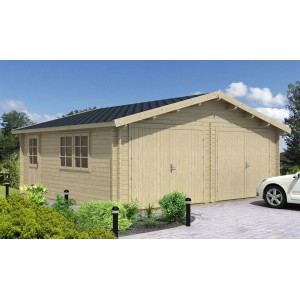 Alpholz Doppelgarage D-44 ISO Fichte Natur, Carport aus Holz mit zwei Toren und Seitentür.