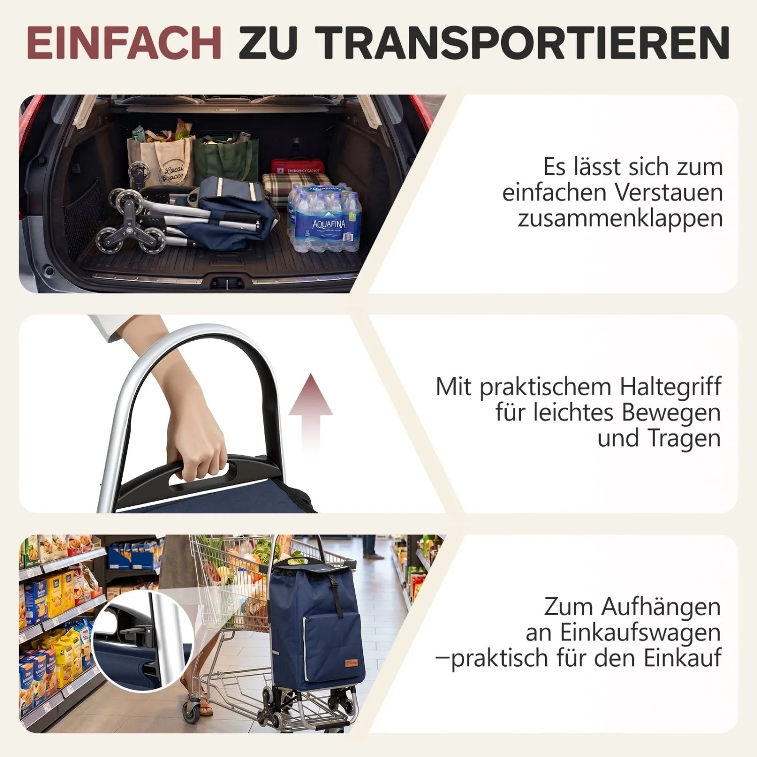 Sekey Einkaufstrolley blau, klappbar mit Kühlfach und Treppensteiger-Funktion.