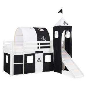 Weißes Kinderhochbett 90x200 mit Piraten-Vorhang, Rutsche, Tunnel, Turm und Totenkopf-Motiven.